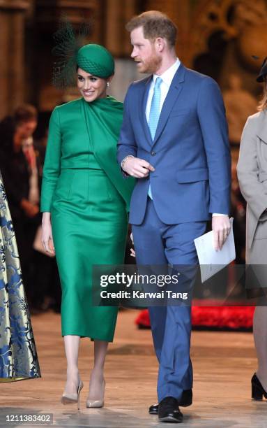 Prince Harry, Duke of Sussex and Meghan, Duchess of Sussex depart after attending the Commonwealth Day Service 2020 at Westminster Abbey on March 09,...