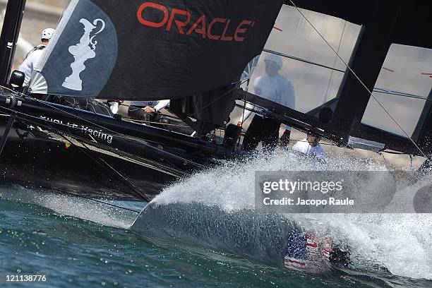 An AC45 catamaran of team Oracle Spithill competes in AC World Series Championship during seventh day of America's Cup World Series on August 14,...