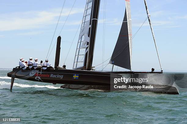 An AC45 catamaran of team Artemis Racing competes in AC World Series Championship during seventh day of America's Cup World Series on August 14, 2011...