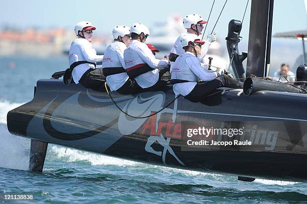 An AC45 catamaran of team Artemis Racing competes in AC World Series Championship during seventh day of America's Cup World Series on August 14, 2011...