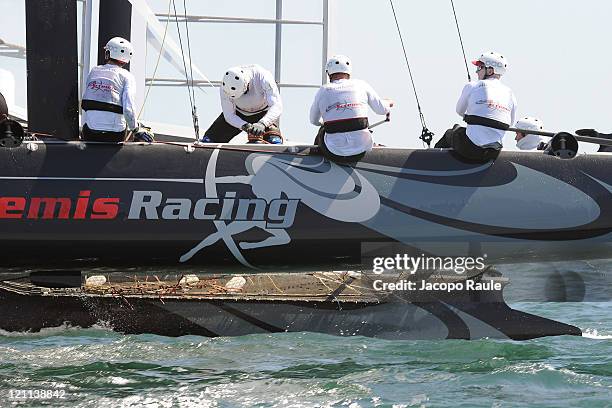 An AC45 catamaran of team Artemis Racing competes in AC World Series Championship during seventh day of America's Cup World Series on August 14, 2011...