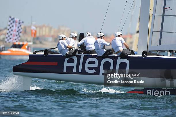 An AC45 catamaran of team Aleph competes in AC World Series Championship during seventh day of America's Cup World Series on August 14, 2011 in...