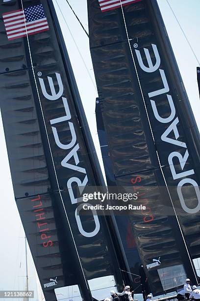 Two AC45 catamarans of team Oracle compete in AC World Series Championship during seventh day of America's Cup World Series on August 14, 2011 in...