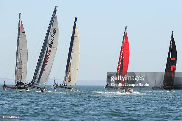 Catamarans compete in AC World Series Championship during seventh day of America's Cup World Series on August 14, 2011 in Cascais, Portugal.