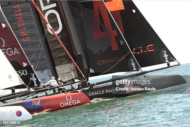 Catamarans compete in the AC World Series Championship during the seventh day of America's Cup World Series on August 14, 2011 in Cascais, Portugal.