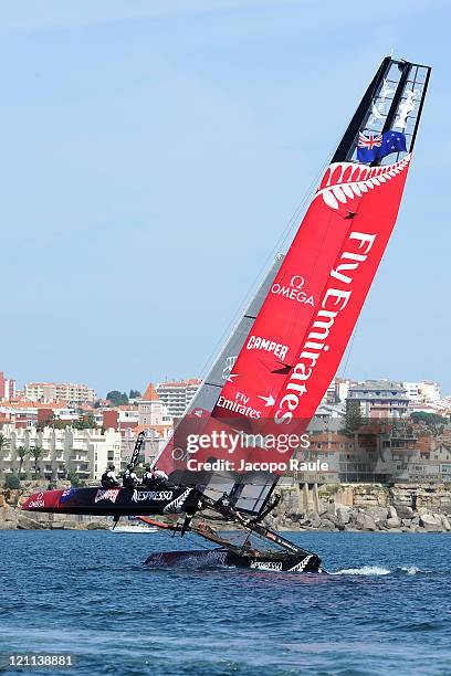 An AC45 catamaran of Emirates Team New Zealand competes in AC World Series Championship during seventh day of America's Cup World Series on August...