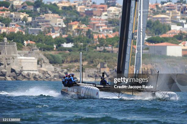 An AC45 catamaran of Team Korea competes in AC World Series Championship during seventh day of America's Cup World Series on August 14, 2011 in...