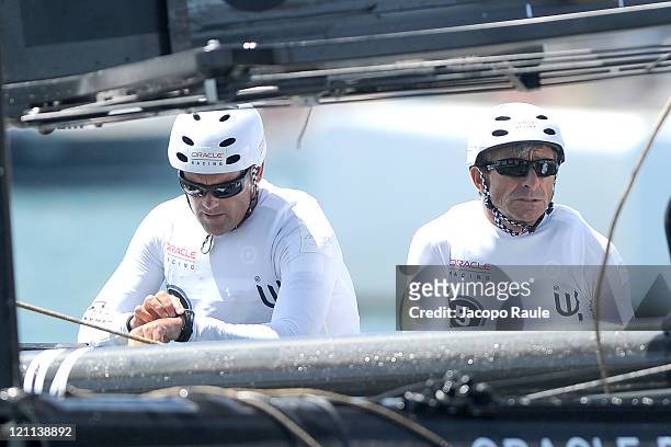Russell Coutts of team Oralce competes in AC World Series Championship during seventh day of America's Cup World Series on August 14, 2011 in...