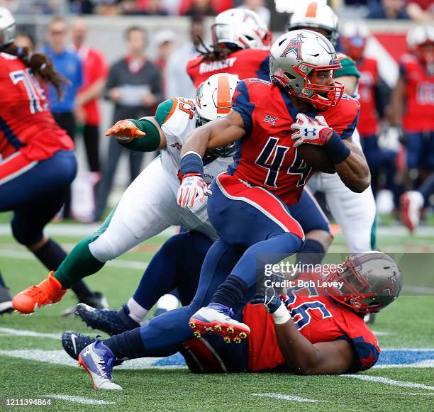 Andre Williams of the Houston Roughnecks rushes with the ball against the Seattle Dragons during a XFL football game at TDECU Stadium on March 07,...