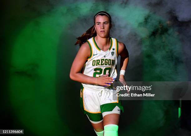 Sabrina Ionescu of the Oregon Ducks is introduced before the championship game of the Pac-12 Conference women's basketball tournament against the...