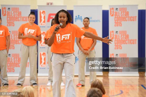 Tamika Catchings of the Indiana Fever talks to the participants during a WNBA Fit All-Star Clinic presented by Kaiser Permanente at the Mohegan Tribe...