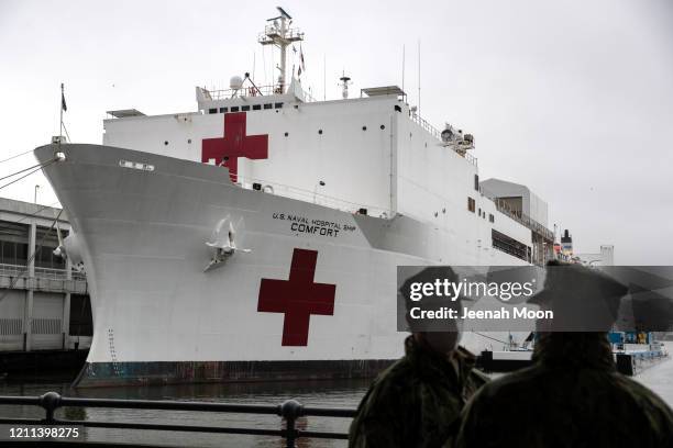 The U.S. Navy hospital ship USNS Comfort prepares to depart Manhattan's West Side to return to Naval Station Norfolk in Virginia on April 30, 2020 in...