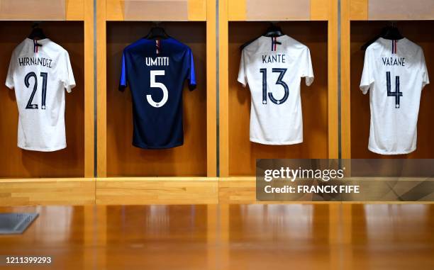 Picture taken on April 30, 2020 shows French team locker room at the "Stade de France" in Saint-Denis, north of Paris on the 45th day of a lockdown...