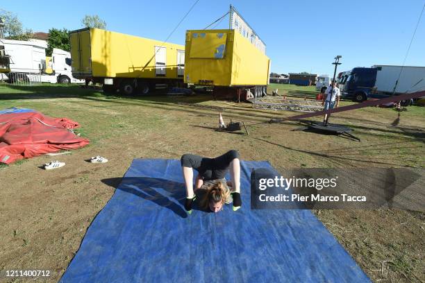 Alessia Bizzarro performs during her daily training for the International Circus City of Rome, which has been closed due to the coronavirus emergency...