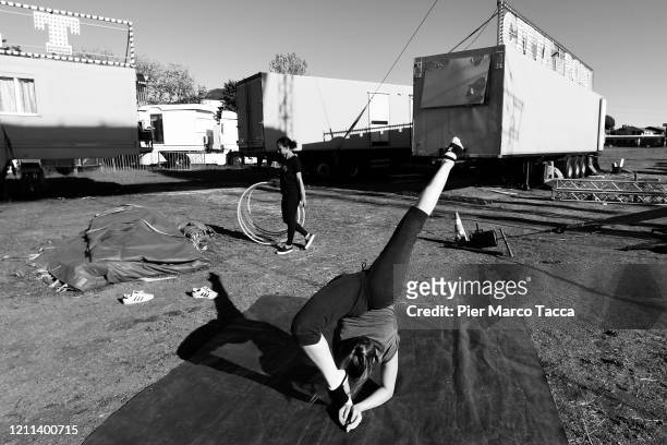 Alessia Bizzarro performs during her daily training for the International Circus City of Rome, which has been closed due to the coronavirus emergency...
