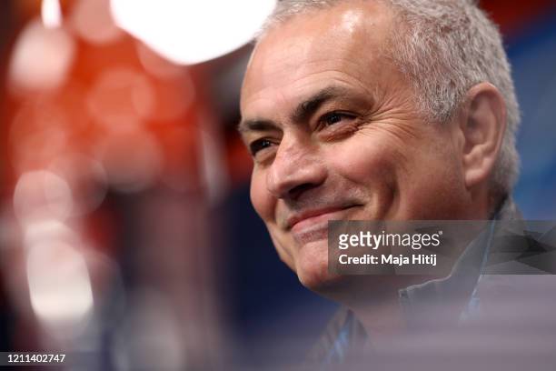 Tottenham Hotspur manager José Mourinho speaks to the media during a Press Conference at the Red Bull Arena on March 09, 2020 in Leipzig, Germany. RB...