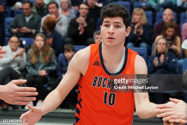 Andrew Funk of the Bucknell Bison is introduced before a Patriot League Quarterfinal Basketball Tournament college basketball game against the...