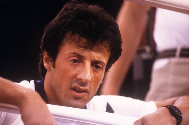 Close-up of American actor and director Sylvester Stallone during the filming of his movie 'Rocky 4' , 1984.
