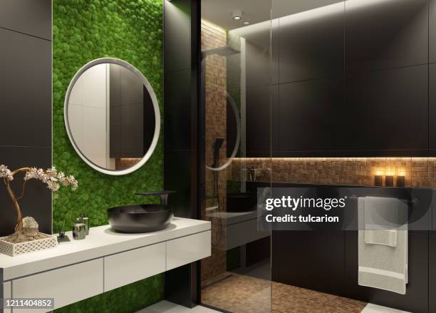 modern minimalist bathroom with green moss wall - bathroom wall stock pictures, royalty-free photos & images