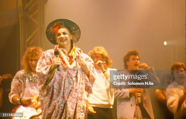 Boy George, Paul Young, George Michael, Tony Hadley, performing the Band Aid song 'Do They Know It's Christmas?' during Culture Club's show, 22...