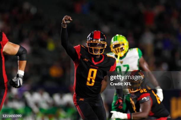 Josh Johnson of the LA Wildcats celebrates during the XFL game against the Tampa Bay Vipers at Dignity Health Sports Park on March 8, 2020 in Carson,...