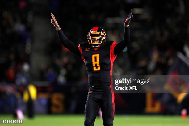 Josh Johnson of the LA Wildcats celebrates during the XFL game against the Tampa Bay Vipers at Dignity Health Sports Park on March 8, 2020 in Carson,...