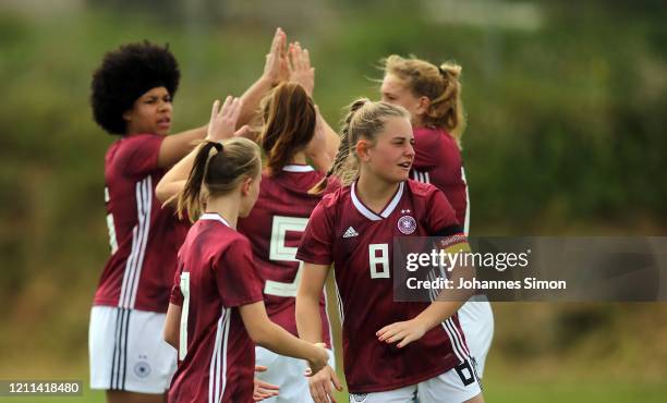 Leonie Koester of Germany and team mates prior to the U19 Women's Tournament match between Germany and Iceland at La Manga Club Football Stadium on...