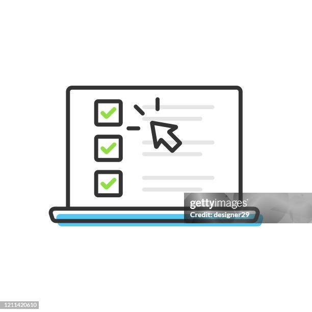 checkliste und tick auf laptop-bildschirm-symbol. aktivieren sie browserfenster und -auswahl, umfragekonzepte vektordesign auf weißem hintergrund markieren. - checklist icon stock-grafiken, -clipart, -cartoons und -symbole