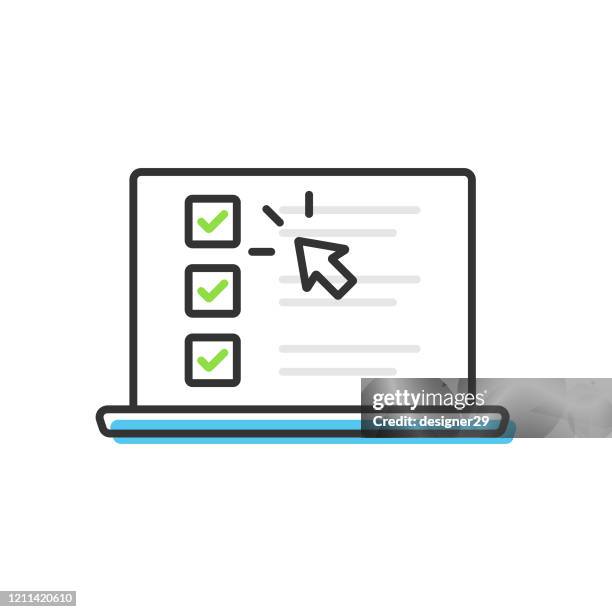 illustrazioni stock, clip art, cartoni animati e icone di tendenza di elenco di controllo e spunta sull'icona dello schermo del laptop. selezionare contrassegna finestra e scelta del browser, concetti di sondaggio progettazione vettoriale su sfondo bianco. - questionario