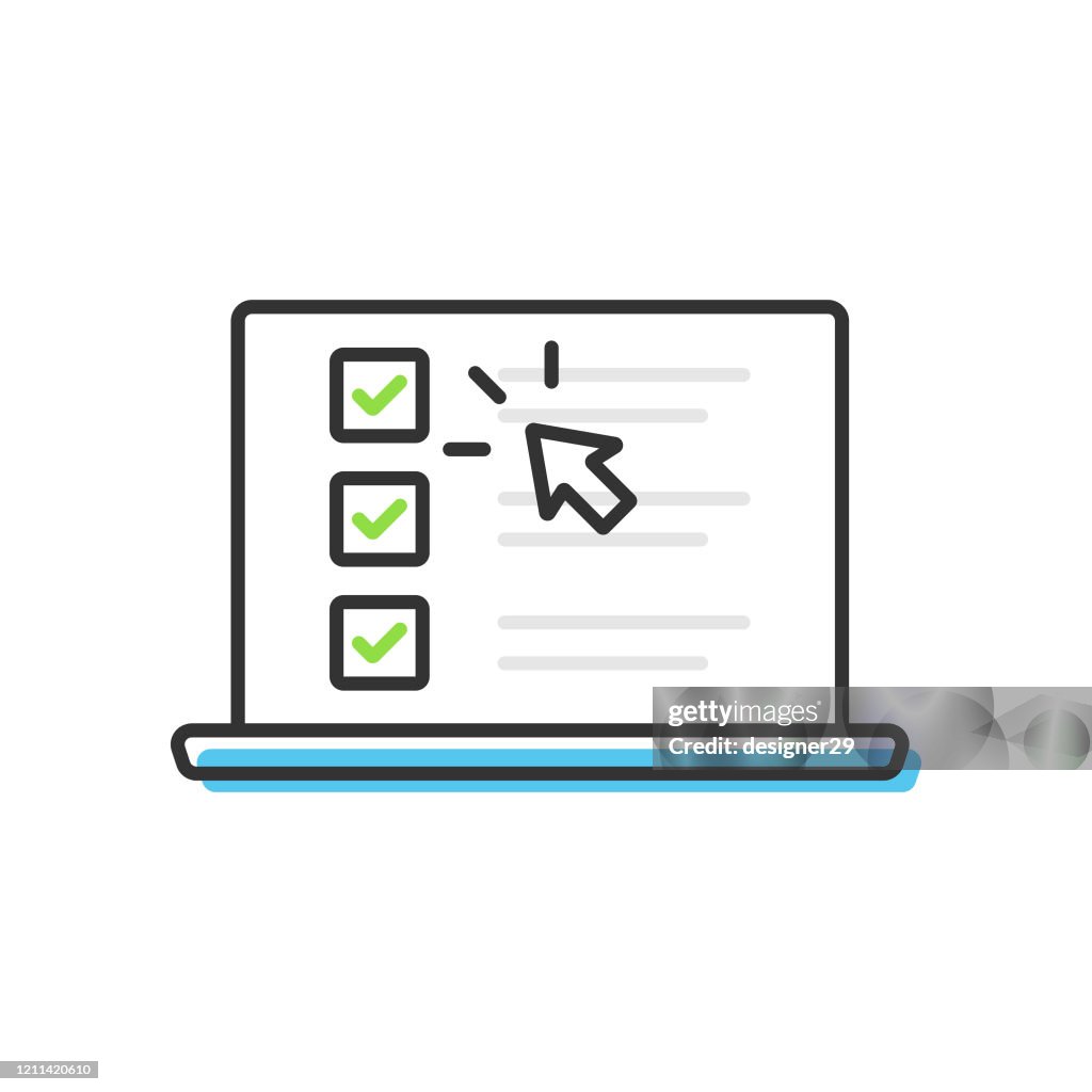 筆記本電腦螢幕圖示上的檢查表和勾選。選中標記瀏覽器視窗和選擇，在白色背景上測量概念向量設計。