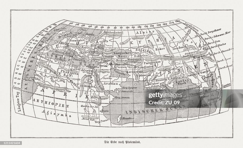 World map according to Claudius Ptolemy (c.100-c.170), woodcut, published 1888