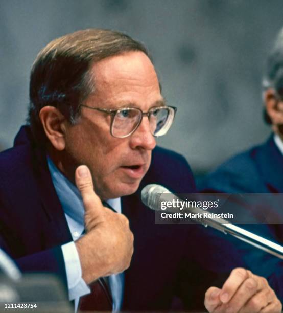 Chairman of the Senate Armed Services Committee Senator Sam Nunn Democrat from Georgia listens to testimony on Defense spending during hearings on...