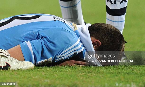 Argentine player Leando Gonzalez Pirez reacts after their FIFA World Cup U20 football match against Portugal at Jaime Moron Olimpic stadium in...