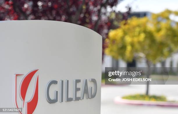 Gilead Sciences headquarters sign is seen in Foster City, California on April 30, 2020. Gilead Science's remdesivir, one of the most highly...