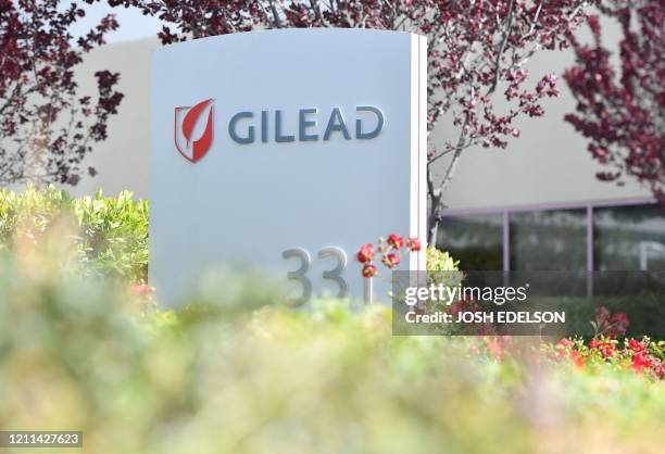 Gilead Sciences headquarters sign is seen in Foster City, California on April 30, 2020. Gilead Science's remdesivir, one of the most highly...