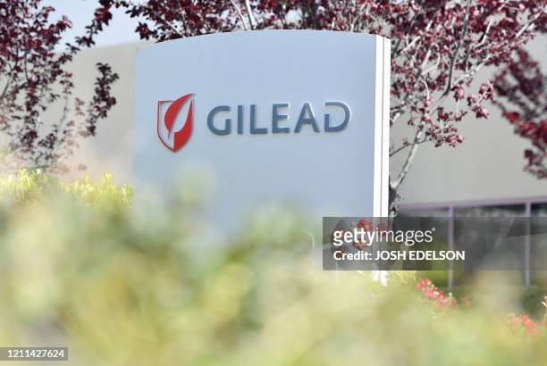 Gilead Sciences headquarters sign is seen in Foster City, California on April 30, 2020. Gilead Science's remdesivir, one of the most highly...