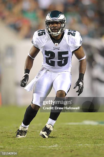 Safety Jarrad Page of the Philadelphia Eagles defends during the game against the Baltimore Ravens at Lincoln Financial Field on August 11, 2011 in...