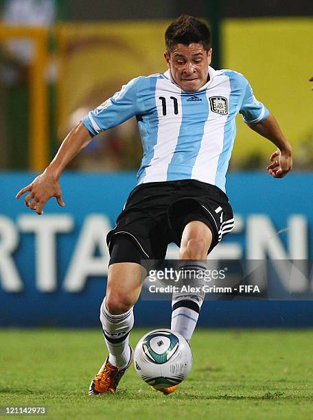 Juan Iturbe of Argentina controles the ball during the FIFA U-20 World Cup 2011 quarter final match between Portugal and Argentina at Estadia Jaime...