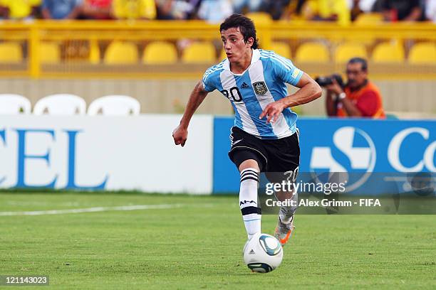 Carlos Luque of Argentina controles the ball during the FIFA U-20 World Cup 2011 quarter final match between Portugal and Argentina at Estadia Jaime...