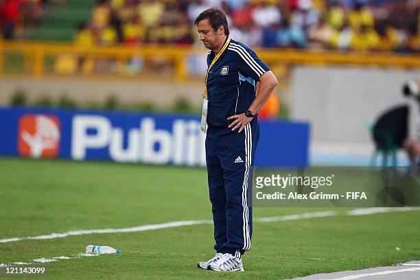 Head coach Walter Perazzo of Argentina reacts during the FIFA U-20 World Cup 2011 quarter final match between Portugal and Argentina at Estadia Jaime...