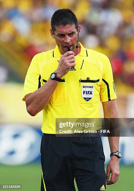 Referree Peter O'Leary whistles during the FIFA U-20 World Cup 2011 quarter final match between Portugal and Argentina at Estadia Jaime Moron Leon on...