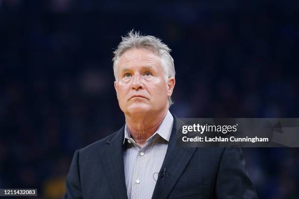 Brett Brown head coach of the Philadelphia 76ers looks on in the first half against the Golden State Warriors at Chase Center on March 07, 2020 in...