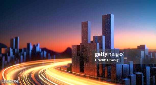 abstracte stad met gloeiende lichtstrepen - data stream, voeding, schemering, dawn, long exposure - 3d city stockfoto's en -beelden