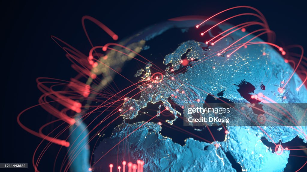 Líneas de conexión globales - Intercambio de datos, pandemia, virus informáticos