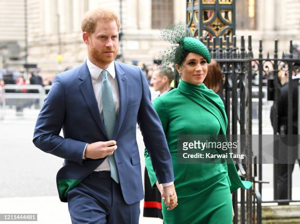 Prince Harry, Duke of Sussex and Meghan, Duchess of Sussex attend the Commonwealth Day Service 2020 at Westminster Abbey on March 09, 2020 in London,...