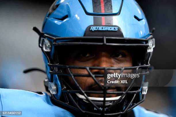 Frank Alexander of the Dallas Renegades looks on before the XFL game against the New York Guardians at Globe Life Park on March 7, 2020 in Arlington,...