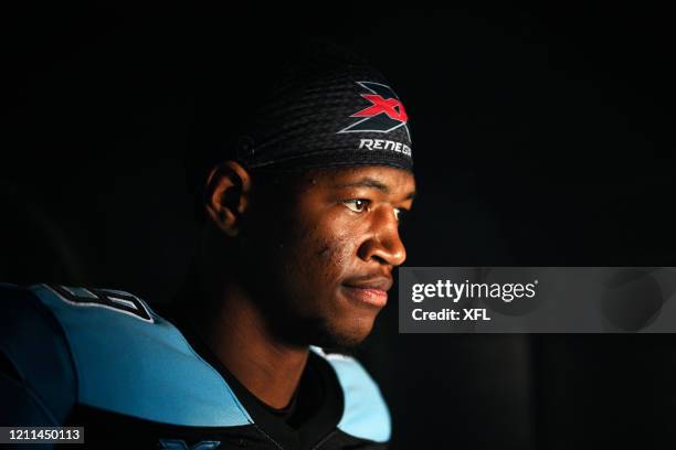 Donald Parham of the Dallas Renegades gets ready to take the field before the XFL game against the New York Guardians at Globe Life Park on March 7,...