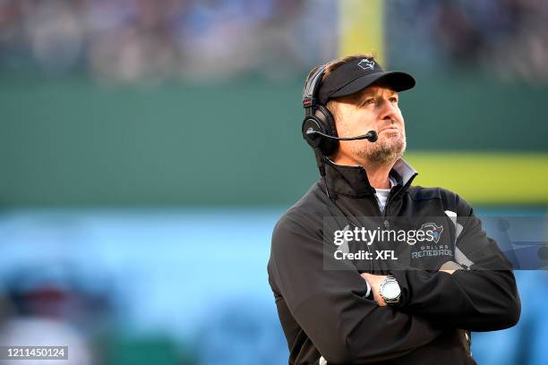 Head coach Bob Stoops of the Dallas Renegades looks on during the XFL game against the New York Guardians at Globe Life Park on March 7, 2020 in...