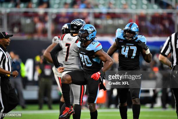 Tenny Adewusi of the Dallas Renegades reacts to a play during the XFL game against the New York Guardians at Globe Life Park on March 7, 2020 in...