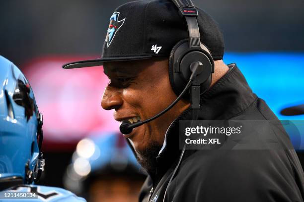 Running backs coach Bobby Blizzard of the Dallas Renegades smiles during the XFL game against the New York Guardians at Globe Life Park on March 7,...